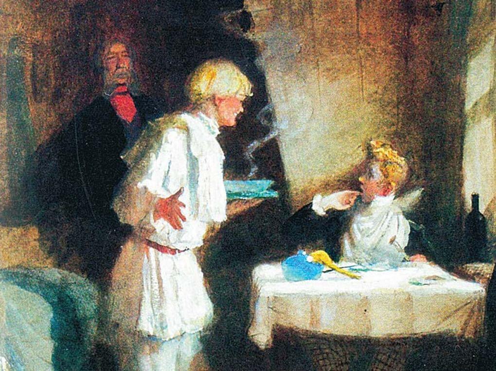 Ювеналий Коровин. Хлестаков обедает в трактире (фрагмент). Иллюстрация к пьесе Николая Гоголя «Ревизор». 1951. Государственный музей истории российской литературы имени В.И. Даля (Государственный литературный музей), Москва