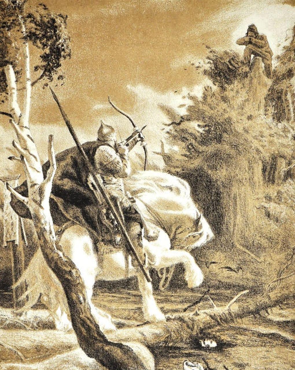 Евгений Кибрик. Иллюстрация к былине «Илья Муромец и Соловей разбойник». 1950-е. Государственное музейное объединение «Художественная культура Русского Севера», Архангельск