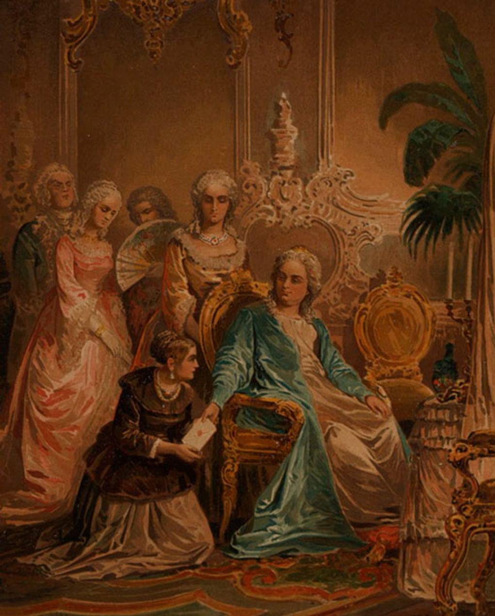 Лубок неизвестного художника по акварели Клавдия Лебедева. Маша у Екатерины II. Иллюстрация к повести Александра Пушкина «Капитанская дочка» (фрагмент). 1887. Всероссийский музей А.С. Пушкина, Санкт-Петербург