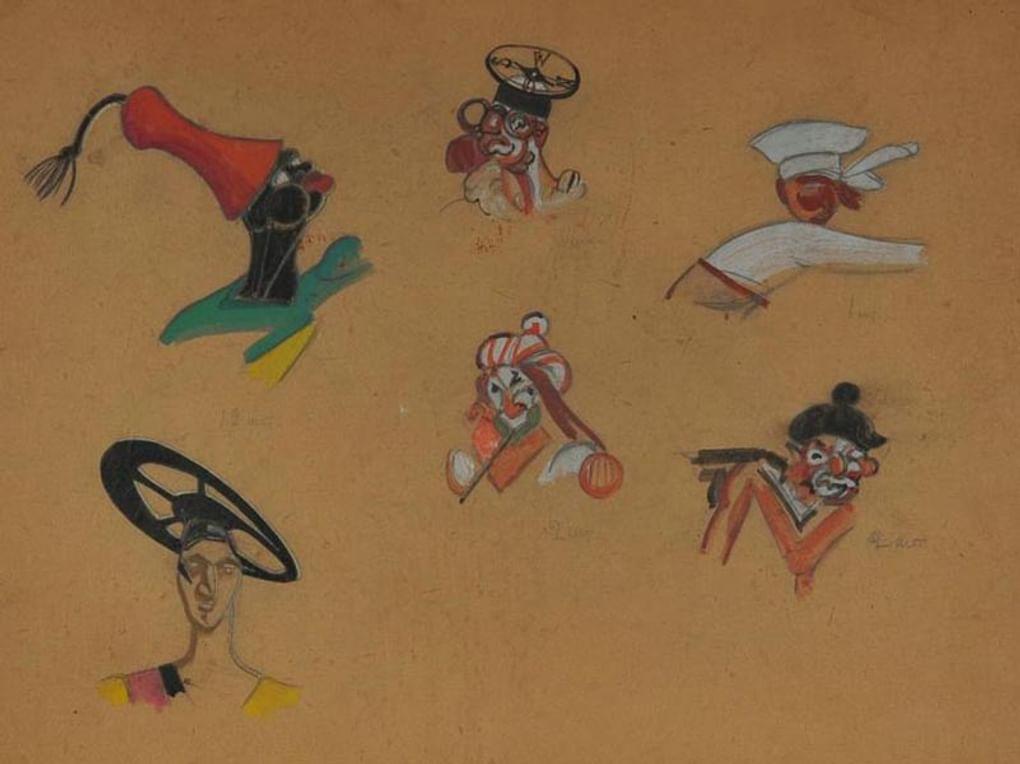 Георгий Якулов. Эскиз гримов для шести персонажей спектакля Александра Таирова «Принцесса Брамбилла» в Государственном Камерном театре, Москва (фрагмент). 1920. Государственный центральный театральный музей им. А.А. Бахрушина, Москва