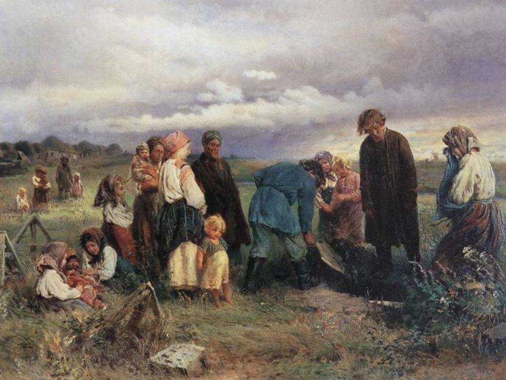 Константин Маковский. Похороны ребенка в деревне (фрагмент). 1872. Севастопольский художественный музей им. М.П. Крошицкого, Севастополь