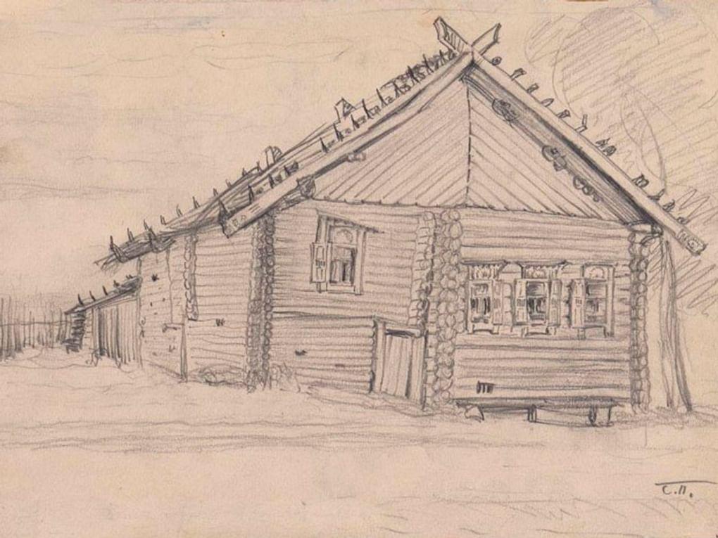 Софья Просвиркина. Дом с прирубной горницей на подклете 1871 года в селе Шаготь Ярославской губернии (фрагмент). 1926. Государственный исторический музей, Москва
