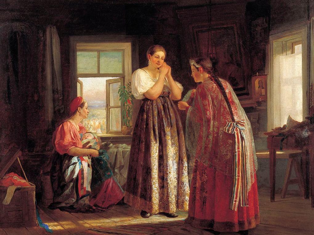 Василий Максимов. Сборы на гулянье (фрагмент). 1869. Государственный музей искусств им. А. Кастеева Республики Казахстан, Алматы, Республика Казахстан