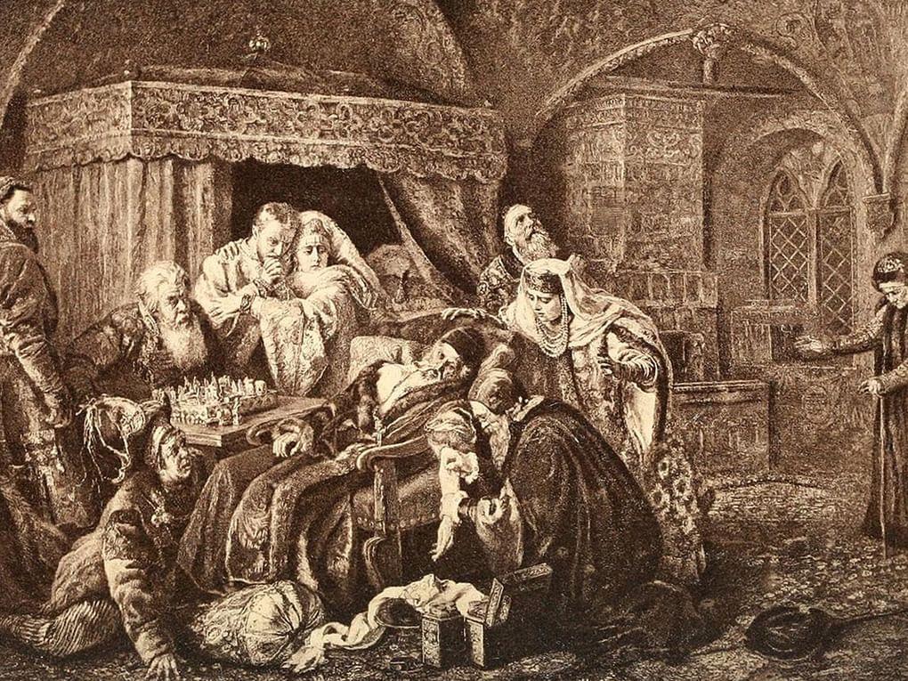 Константин Маковский. Смерть Ивана Грозного (фрагмент). Литография с утраченной картины. 1888. Частное собрание