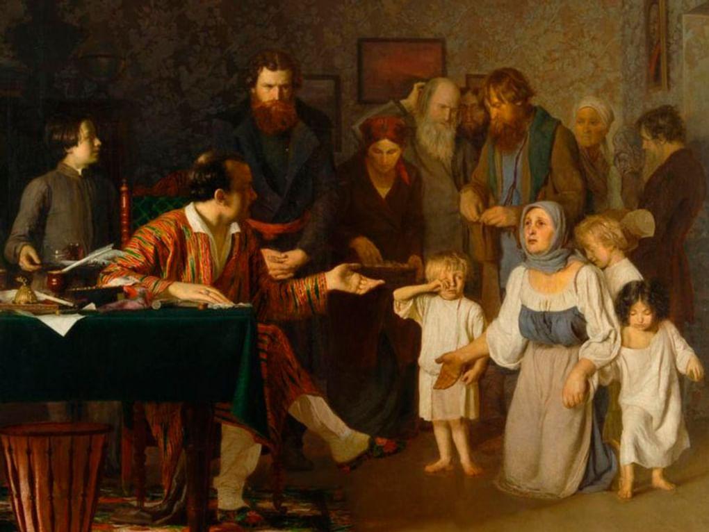 Семен Черкасский. Крепостные у помещика (фрагмент). 1860. Государственный Владимиро-Суздальский историко-архитектурный и художественный музей-заповедник, Владимир