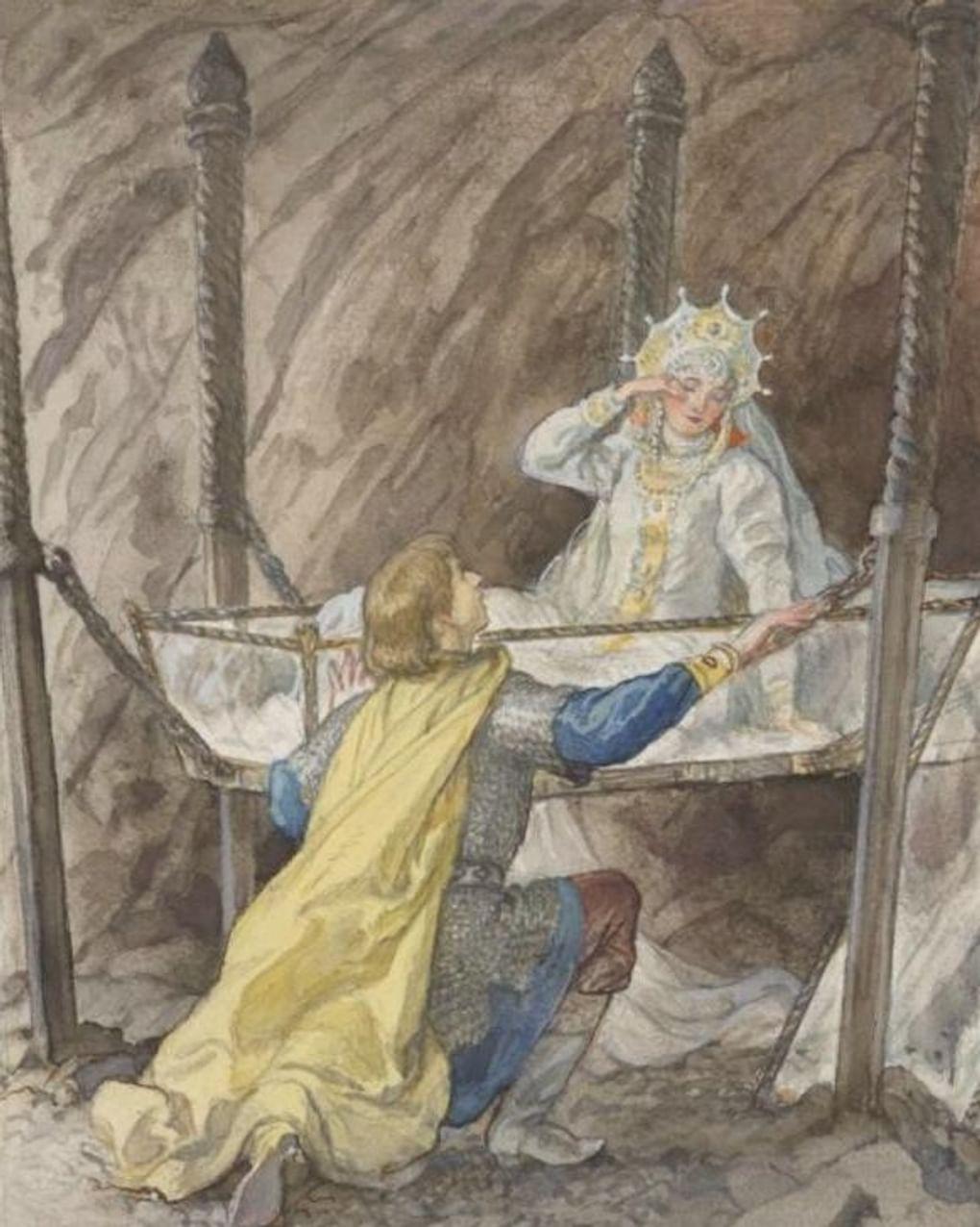 Борис Дехтерев. «Гроб разбился. Дева вдруг, Ожила...». Иллюстрация к сказке Александра Пушкина «Сказка о мертвой царевне и семи богатырях». 1949–1957. Школа акварели Сергея Андрияки, Москва