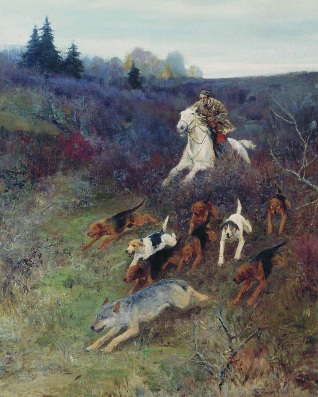 Алексей Степанов. По волку с гончими (фрагмент). 1900-е. Тюменский областной музей изобразительных искусств, Тюмень