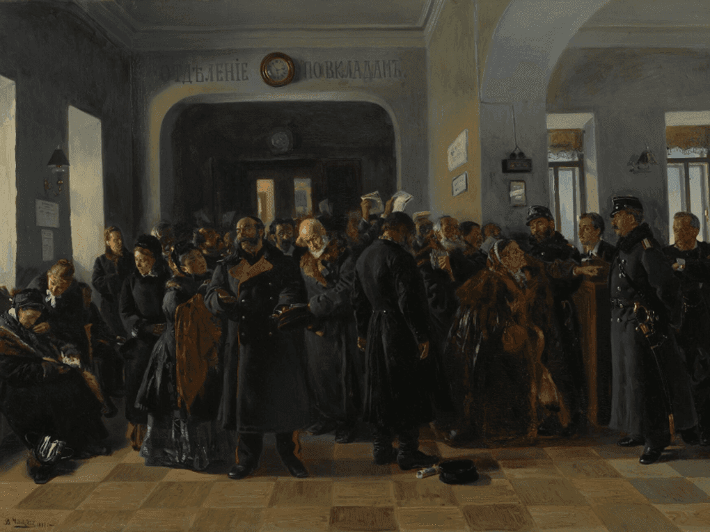 Владимир Маковский. Крах банка (фрагмент). 1881. Государственная Третьяковская галерея, Москва