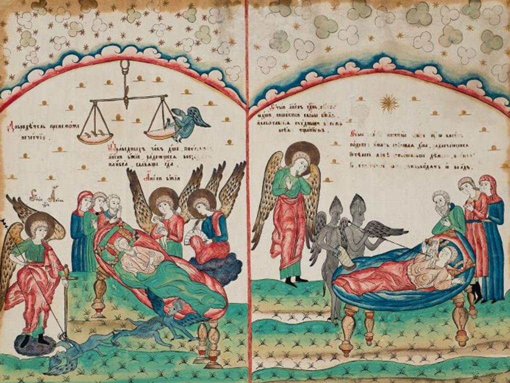 Неизвестный художник. Смерть грешника и смерть праведника (фрагмент). Начало XIX века. Государственный исторический музей, Москва
