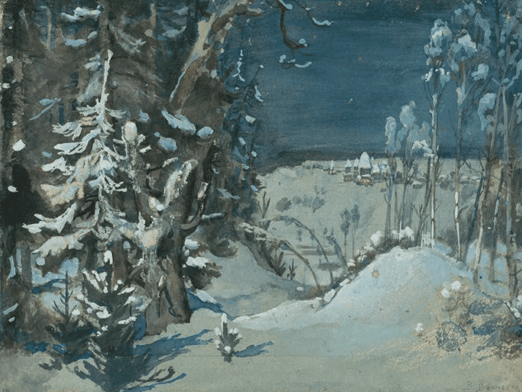 Виктор Васнецов. Пролог. Эскиз декорации к спектаклю по пьесе Александра Островского «Снегурочка». 1885. Государственный историко-художественный и литературный музей-заповедник «Абрамцево», Московская область. Изображение предоставлено организаторами