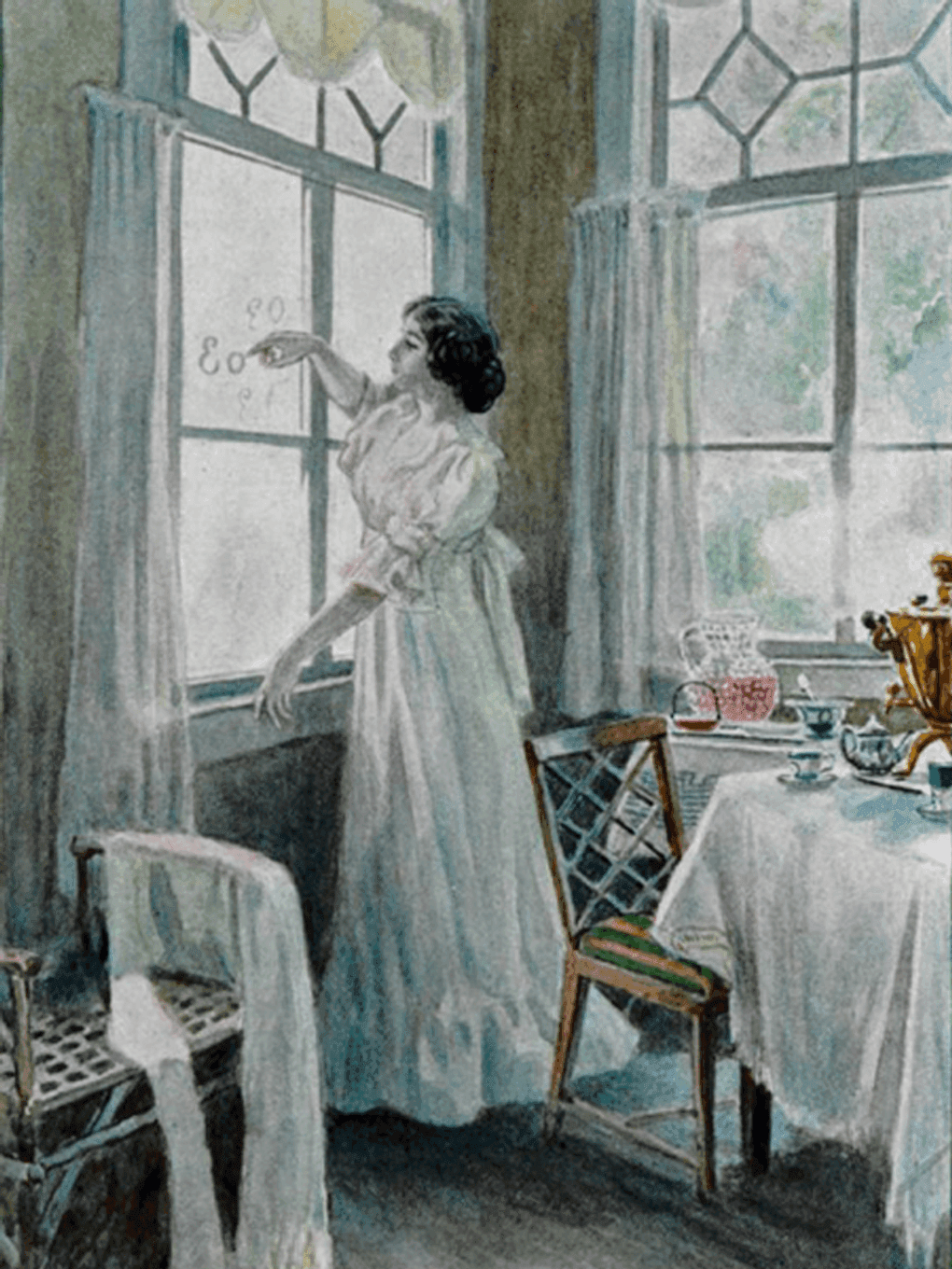Елена Самокиш-Судковская. Татьяна пишет на стекле вензель О да Е (фрагмент). 1908. Из книги типографии товарищества Р. Голике и А. Вольборг, Санкт-Петербург