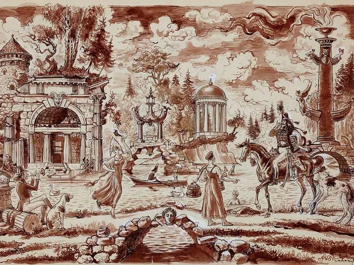 Владимир Милашевский. Въезд в Шадрино. Иллюстрация к повести А.С. Пушкина «Метель» (фрагмент). 1970. Государственный музей изобразительных искусств (ГМИИ) им. А.С. Пушкина, Москва