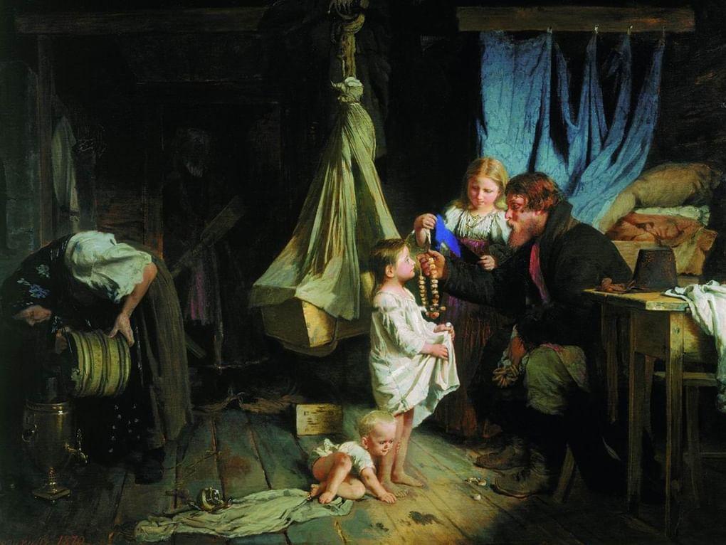 Алексей Корзухин. Возвращение из города (фрагмент). 1870. Государственная Третьяковская галерея, Москва