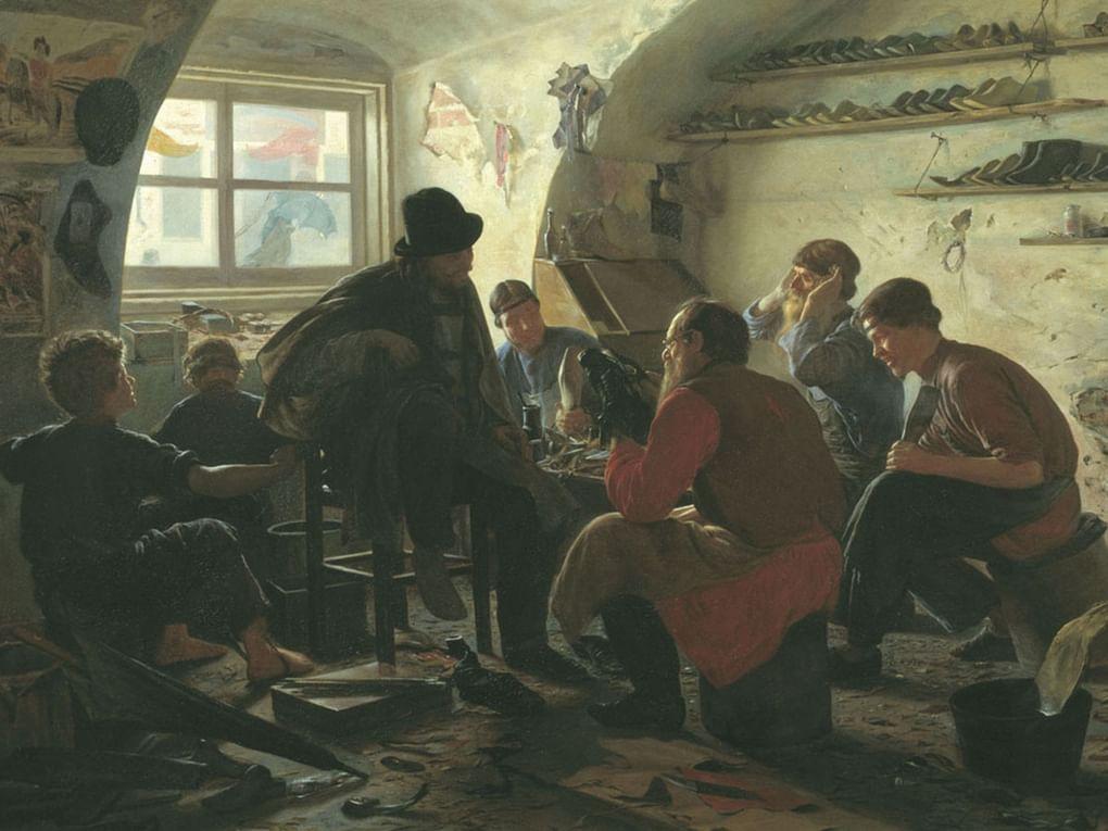Яков Башилов. В мастерской сапожника (фрагмент). 1871. Частное собрание