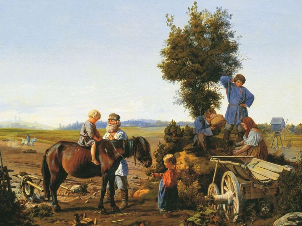 Андрей Попов. Крестьянская семья на пашне (фрагмент). 1854. Ульяновский областной художественный музей, Ульяновск