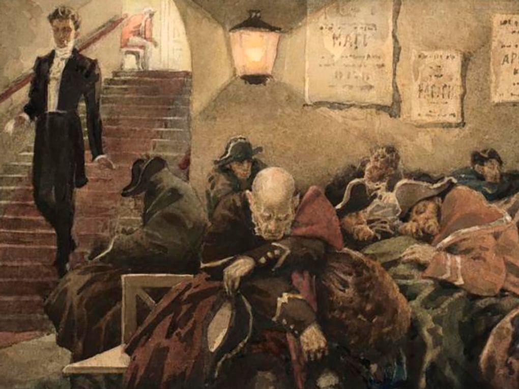 Александр Самохвалов. Онегин в театре. Иллюстрация к роману Александра Пушкина «Евгений Онегин» (фрагмент). 1940-е. Пензенская областная картинная галерея им. К.А. Савицкого, Пенза