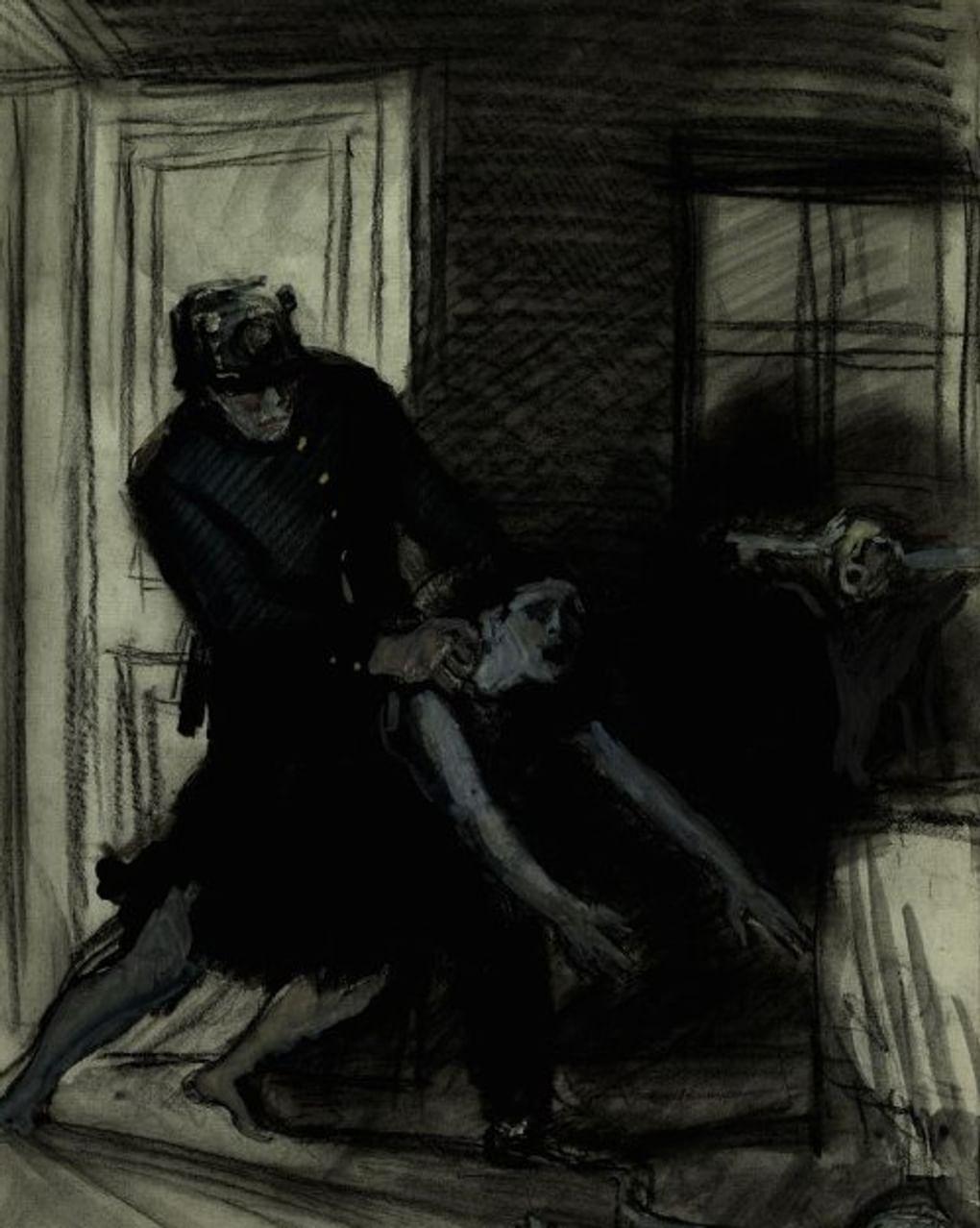 Константин Рудаков. Нападение немецкого солдата на женщину с ребенком (фрагмент). 1941–1944 годы. Музей Победы, Москва