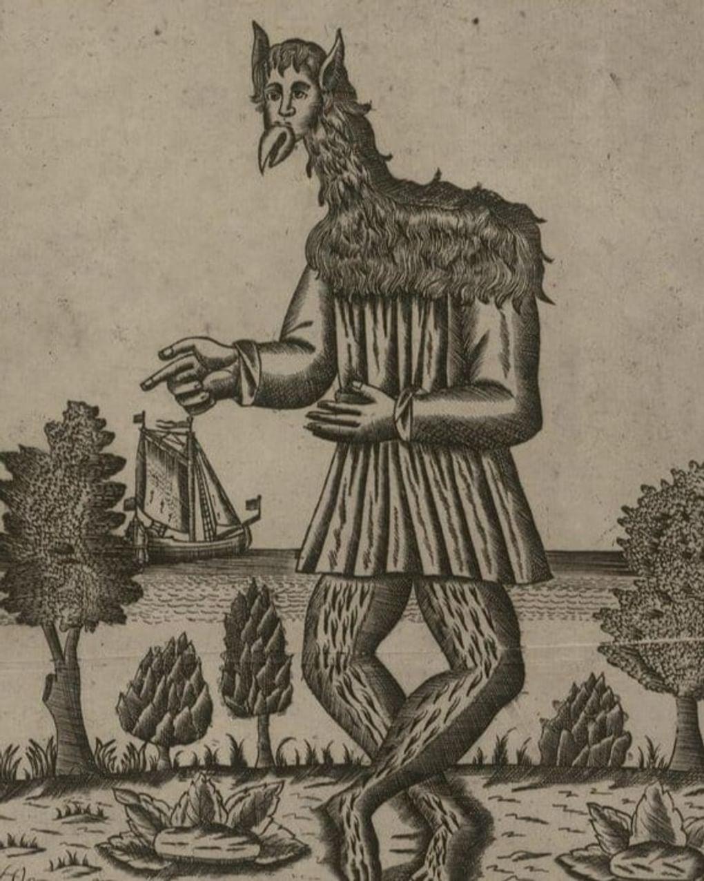 Лесное чудо. Фрагмент лубка «Известие о двух чудах, лесном и морском, пойманных в Испании»Москва. 1739. Российская государственная библиотека, Москва