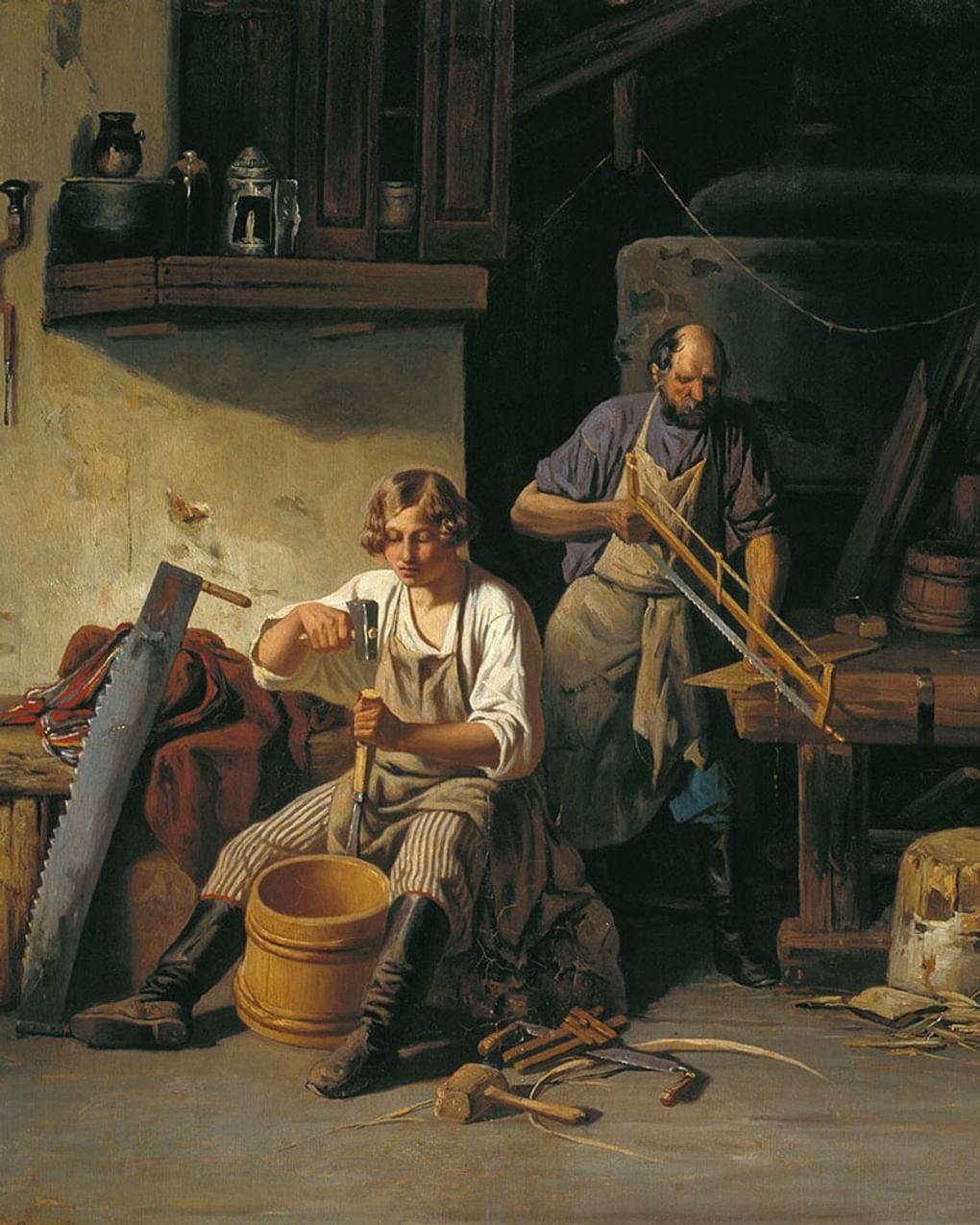 Лавр Плахов. В бондарной мастерской (фрагмент). 1840-е. Национальный художественный музей Республики Беларусь, Минск, Республика Беларусь