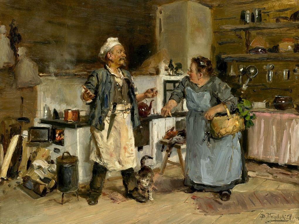 Владимир Маковский. Опять они ссорятся (Повар и кухарка). 1912. Вологодская областная картинная галерея, Вологда