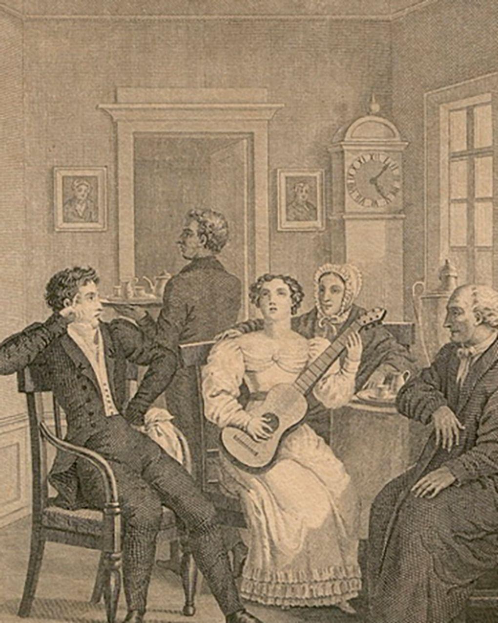 Степан Галактионов по оригиналу Александра Нотбека. В гостях у Лариных. Иллюстрация к роману Александра Пушкина «Евгений Онегин» (фрагмент). 1828. Всероссийский музей А.С. Пушкина, Санкт-Петербург