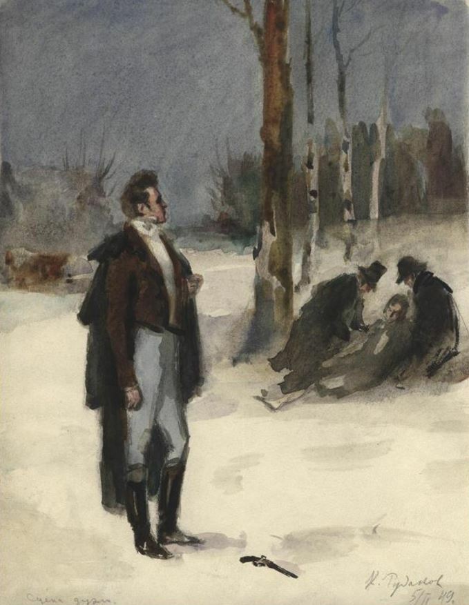 Ленский погибает на дуэли. Репин "дуэль Онегина и Ленского" (1899 г.).