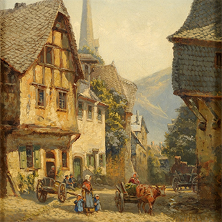 Nikolai (von) Astudin. Mittelalterlicher Stadt- oder Dorf-Ausblick (Mittelrhein?), 1887. Privatsammlung